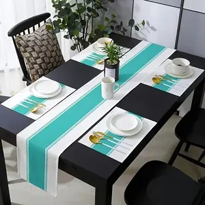 2D flat printing, 1 piece/4 pieces/6 pieces/8 pieces/5 pieces set/7 pieces table flag placemat set, kitchen dining table, table dressing table, simple light green striped farmhouse home decoration, suitable for coffee tables, weddings, parties, banquets