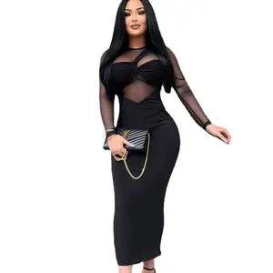 New Round Neck Mesh Sexy See-through Long Dress, Elegant Style Patchwork Long Sleeve Bodycon Dress, Solid Color High Waist Mesh Dress Fabric Formal Polyester Spandex Womenswear Basic Piece Silk Skirt Sweater marie  antoinette  dress  museum Velvet Feather
