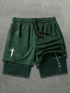 Vintage Worn-Out Faith Cross Print Double-Layer Shorts, Men's Loose Fit, Gym Running Daily Wear, Elastic Waist Shorts, Comfortable and Stylish, Graphic Fitness Shorts, Athletic Shorts, Athleisure Casual Shorts
