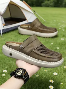 Men's Perforated Slingback Clog, Minimalist Clogs, Breathable Mesh Two-Way Wear Slippers, Lightweight Non-Slip Backless Loafers, Soft Cushioned Vegan Leather Casual Shoes, Retro Summer Athletic Outdoor Sandals for Beach Travel