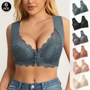 Women's Solid Floral Contrast Lace Bra (6-Pack Available), Wireless Push Up Soft Comfortable Breathable Lingerie, Front Buckle, Anti-Sagging Seamless Support, Elegant Daily Wear for All Seasons