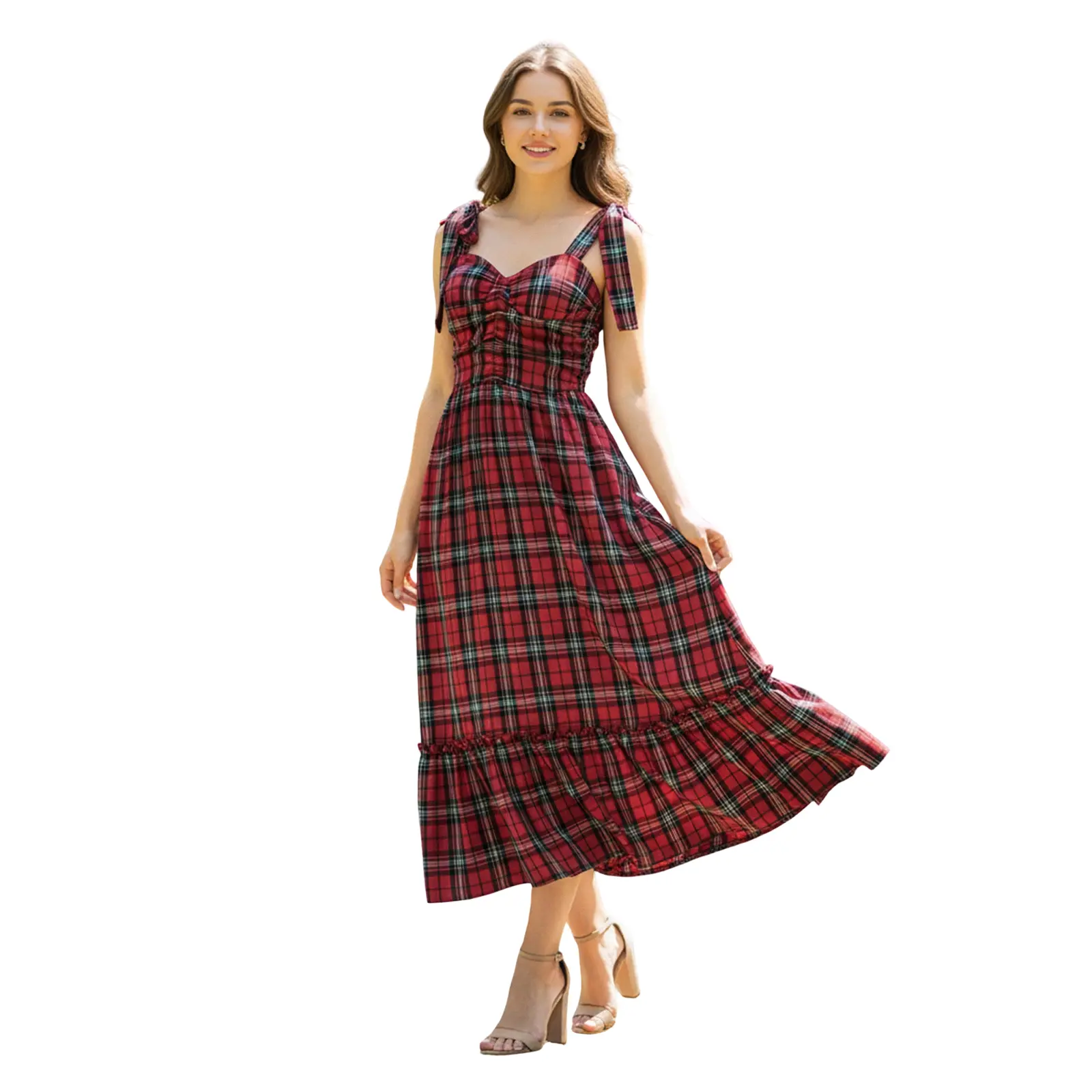 Women’s Tie Shoulder Christmas Dress Sleeveless Sweetheart Neck Plaid Print A-Line Flowy Dress Holiday Maxi Dress Xmas Long Dress Costume Dress