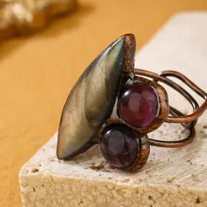 Women's Bo Vintage-Style Ring, Natural Round Cut Labradorite & Amethyst Gems, Copper Base, Adjustable Size, Party Wear, Unique Gift, Fashion Costume Jewelry