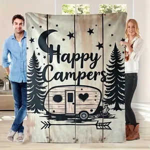 Camping Caravan Flannel Throw Blanket |   Cozy Quilted Design with Vintage Camper, Pine Trees & Hearts, All-Season Soft Warmth, Polyester, Contemporary Style Mixed Colors