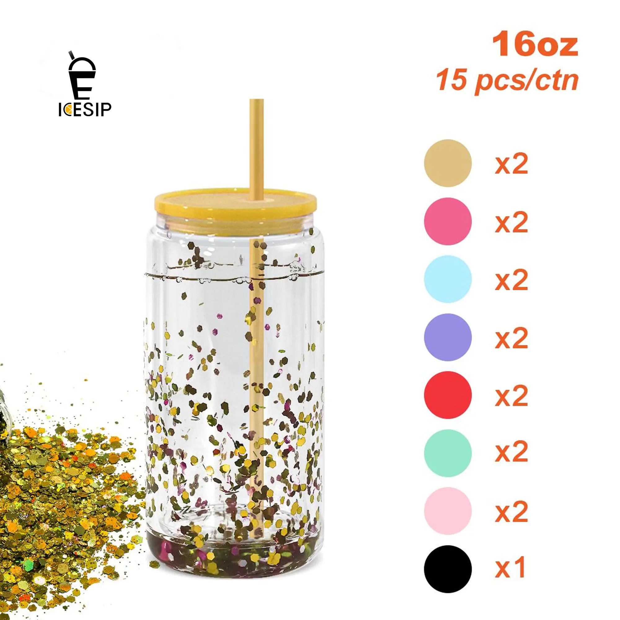 15Pack 16oz Double layer glass cup can with Colorful cup lids,Spill-Proof glass cup,for coffee cocktail Holiday Gifts,Party Gift brithday Gifts