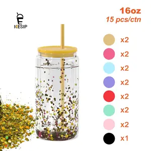 15Pack 16oz Double layer glass cup can with Colorful cup lids,Spill-Proof glass cup,for coffee cocktail Holiday Gifts brithday Gifts
