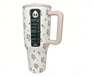 HydroJug 40 oz Pink Flower Traveler Classic Brown Pink Flower Print Insulated Cup, Triple-Layer Insulated Flip Straw Lid, All-Day Hydration Portable Insulated Water Bottle, Printed Drinkware Water Bottle outdoorfun