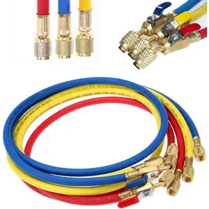 Refrigerant Charging Hose with Ball Valve Apply to R134A R12 R22 R502 R404 Refrigerant Air Conditioning Manifold Gauge 1/4" Thread Hose Set 60" Red/Yellow/Blue (Pack of 3)
