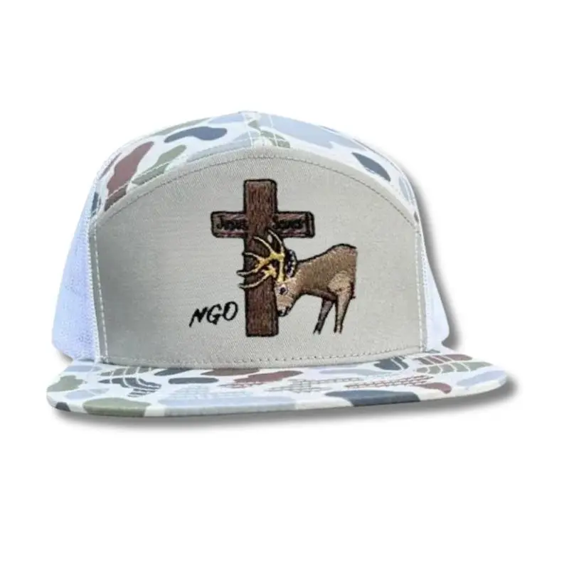 Faith Inspired Camo Crosscut Buck Hat | Embroidered Deer & Cross | Durable Unisex 7 Panel Hunting Hiking Everyday Snapback