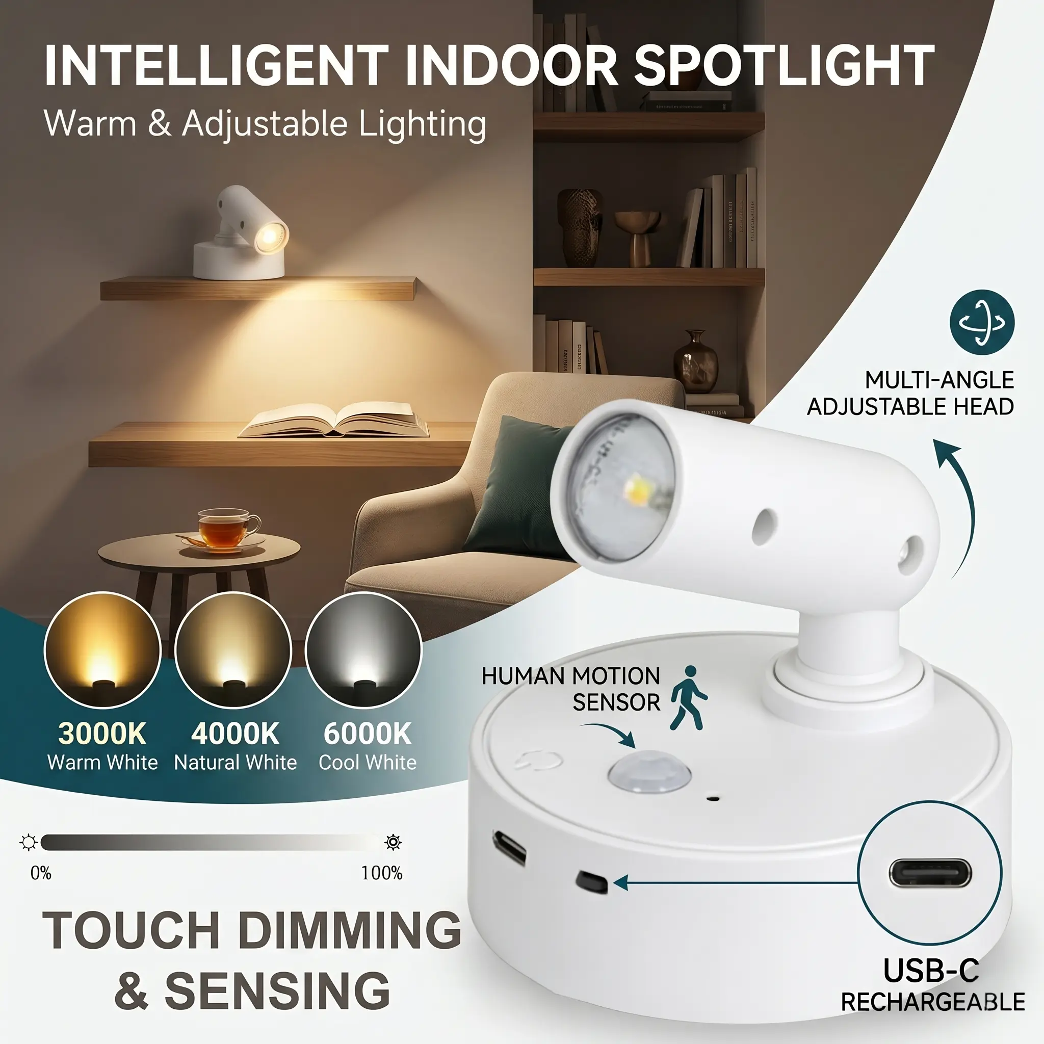 Magnetic Wireless Induction LED Spotlight-Wall Light, 3-Color/RGB Temperature Adjustable, 350° Rotatable, Rechargeable, Ideal for Corridors, Art Displays,shower lamp