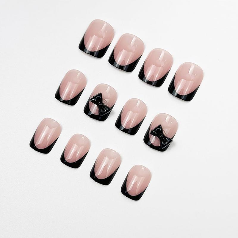 24Pcs Black French Tip Press on Nails Short Square Nail Tips Nude Fake Nails with 3D Bow Charms Stick on Nails Black False Nails French Acrylic Nails Cute Bows Glue on Nails for Women Nail Art Design