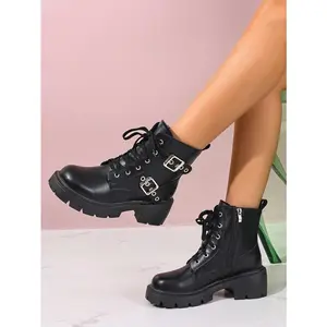 Punk-Inspired Black Combat Boots for Women - Dual Buckle Straps, Chunky Sole, Side Zip, Padded Insole, Lace-Up Fit, Ideal for Music Festivals & Nightlife