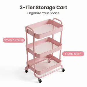 Pink 3-Tier Rolling Utility Storage Cart, Metal Mesh Mobile Organizer Trolley with Dual Side Handles & Lockable Wheels, Multi-Purpose Rolling Shelf for Makeup Vanity, Bathroom, Kitchen, Bedroom, Salon, Office