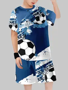 Football Graffiti Short Sleeve Set, Blue Cool Print T-Shirt and Shorts Two-Piece, Summer Sport Style Kids Clothing