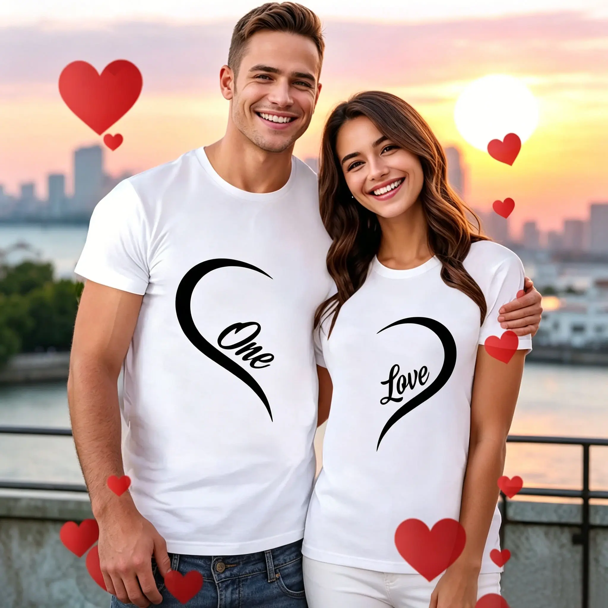 His & Hers Matching T-Shirts, Valentine's Day Couple Tees with "ONE Love" Heart Print, Casual Short Sleeve Round Neck, Machine Washable All-Season Apparel, Red, for Couples Gifts