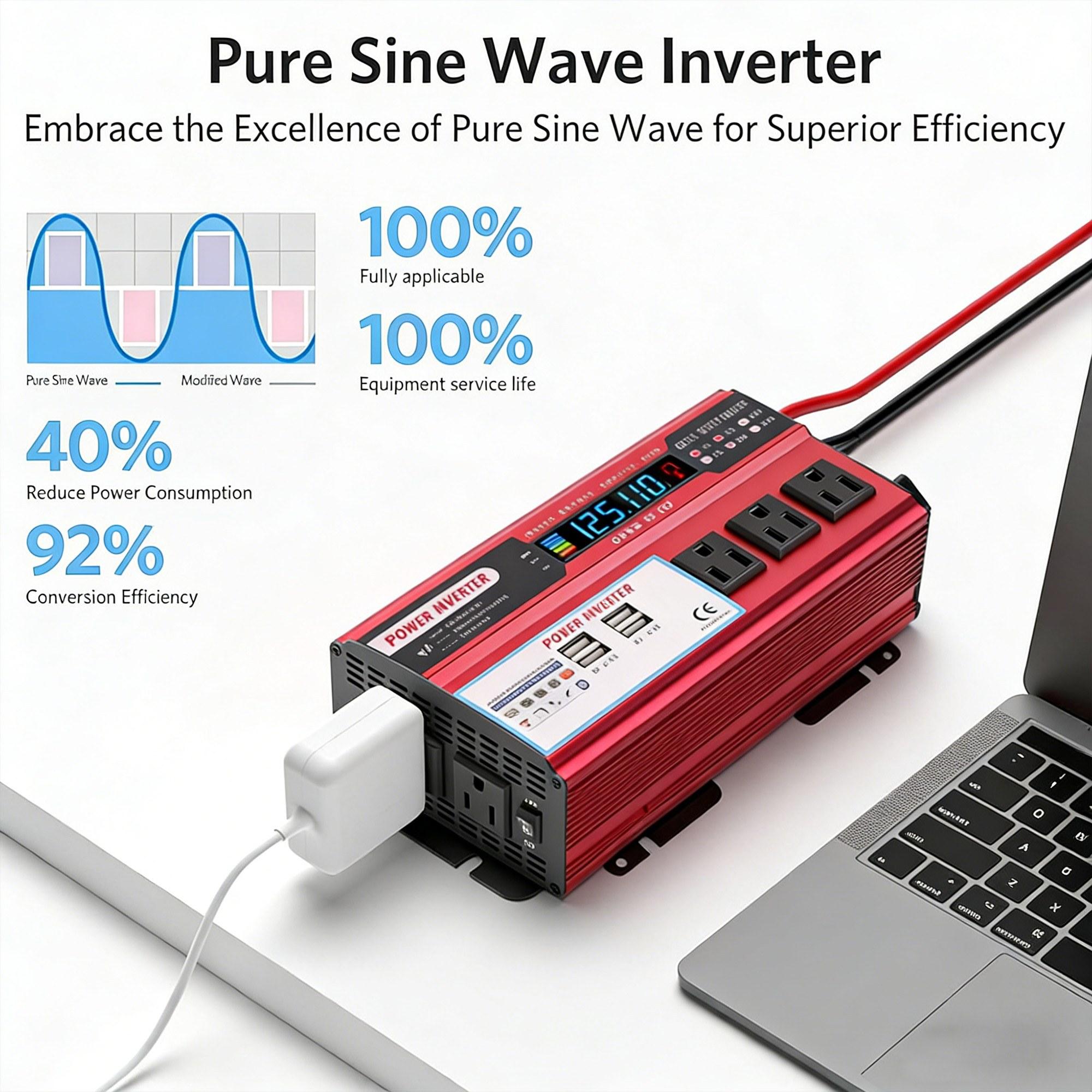 Portable 5000W Peak Car Power Inverter DC 12V to AC 110V Power Converter for Car Truck RV Boat 3 AC Power Outlets 4 USB Fast Charging Ports Advanced Safety Protection LCD Screen Compact Design for Outdoor Camping Emergency Backup Power Supply