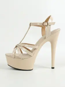 Women's 15cm T-Strap Thick Sole Rubber High Heel Shoes, Open-Toe Anklet High Heel Sandals, Shiny Leather Pole Dance Shoes, Party Club Evening Gown Heels