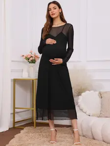 INSPIRE CHIC Women's Maternity Mesh Dress 2-Piece Bodycon Fall Wedding Guest Cocktail Party Pregnancy Dresses Black