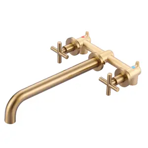 WOWOW Brushed Gold Wall Mount Tub Filler Bathroom Tap - Long Spout Reach, 2 Cross Handles, Included Brass Rough-In Valve