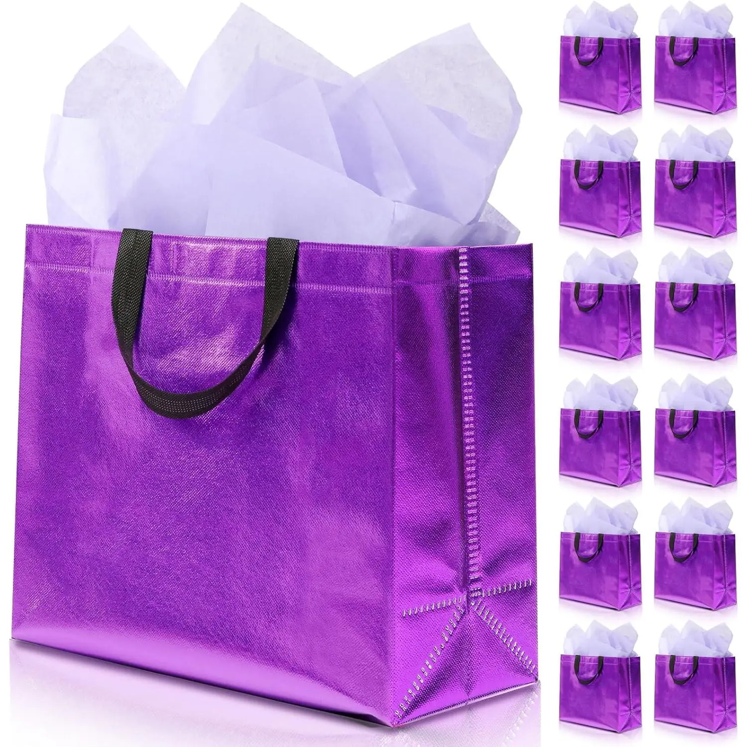 12-Count Lightweight Shiny Gift Bags Set with Handles, Tissue Paper Included, Medium 13x5x11in Purple for Birthdays, Weddings (Office Gift Wrapping Supplies)