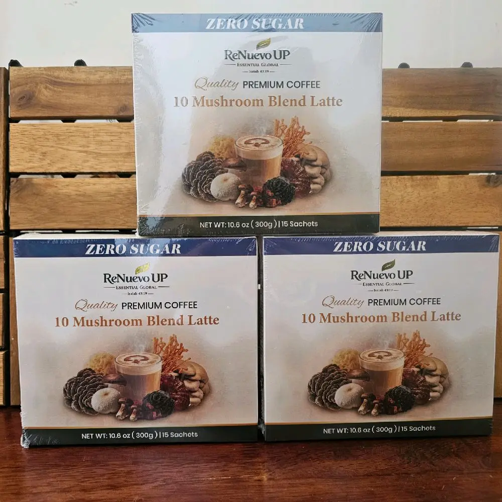 ReNuevo UP - 10 Mushroom Blend Latte - 3 Pack - Zero Sugar - Coconut Milk Powder - Reishi, Shiitake, Tremella, Chaga, Maitake, Lion's Mane, Turkey Tail, Stevia, Cordyceps miliraris, Oyster Mushrooms - Instant Coffee Packets