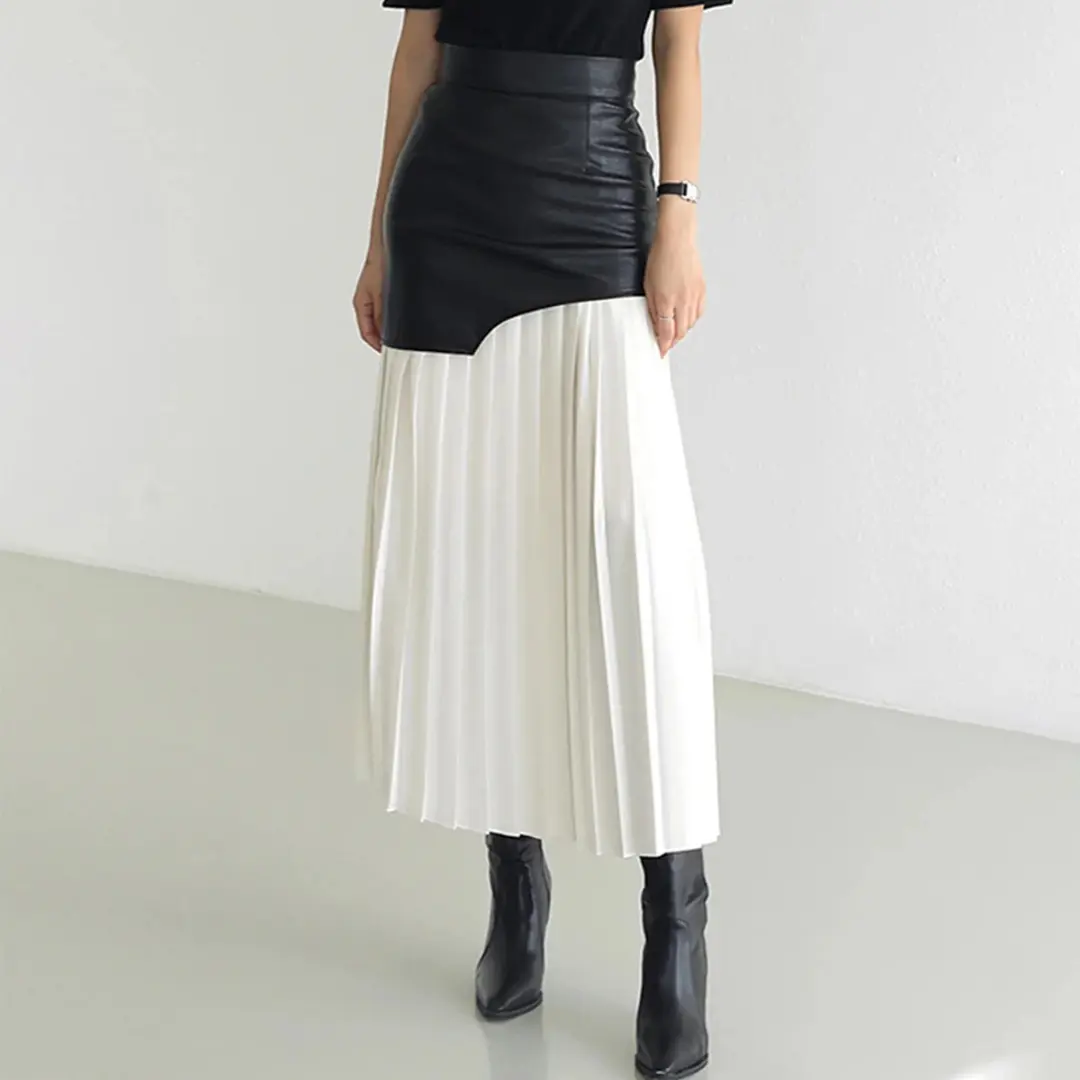 Noir Contrast Pleated Midi Skirt