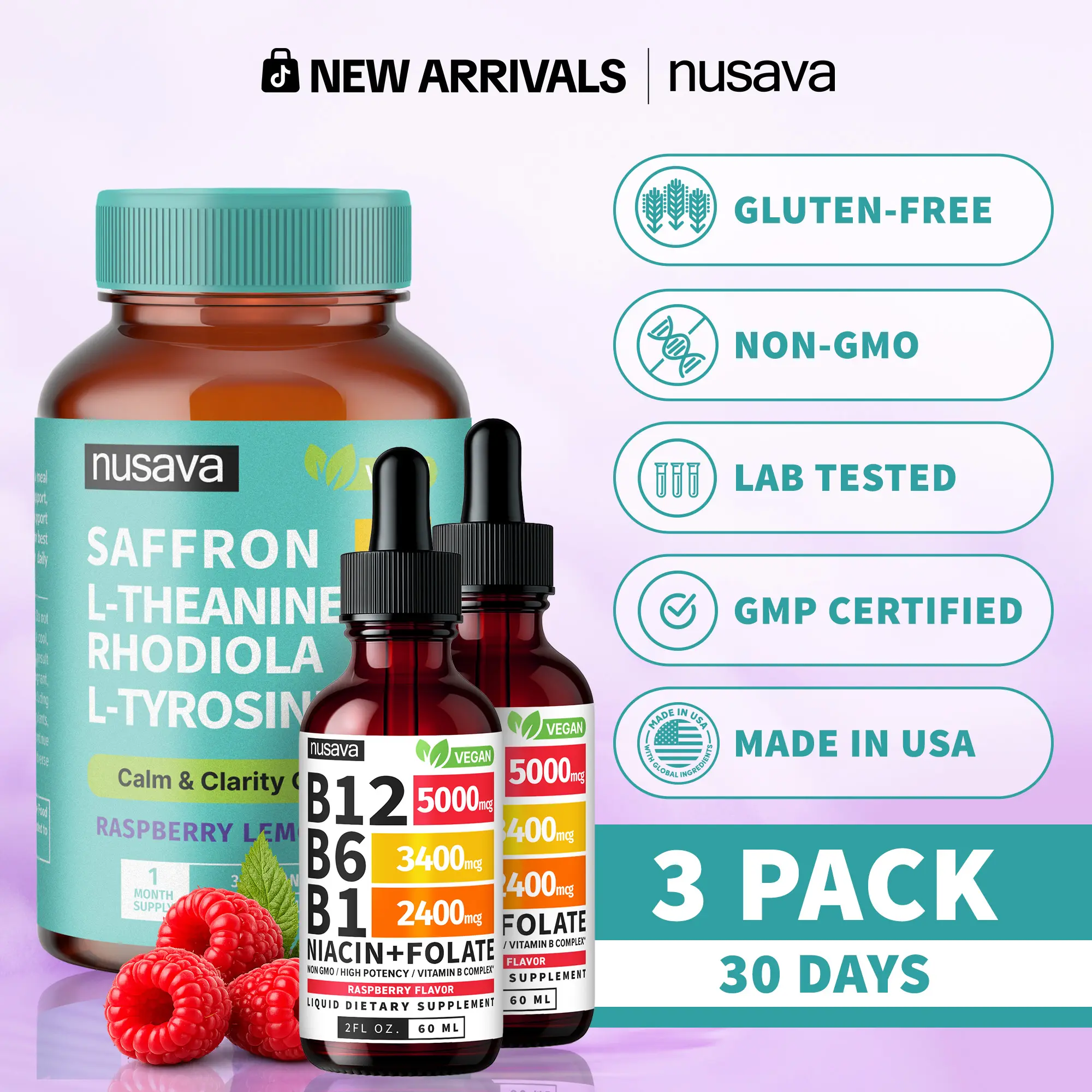 (3-PACK) NUSAVA Calm Energy Stack | Saffron Gummies + B12 Liquid Drops | Daily Mood, Focus & Sustained Energy Support | Saffron Extract, L-Theanine, Rhodiola + B12, B6, Folate | Vegan | Caffeine-Free | 2-Product Bundle