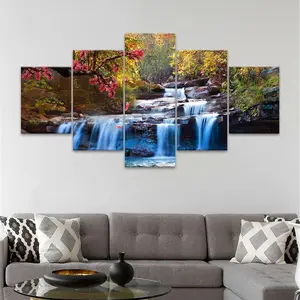 Autumn Forest Waterfall Pattern Canvas Unframed Painting, 5 Counts/set Modern Wall Art Poster, Wall Art Decor for Home Living Room Bedroom Office, Ornaments