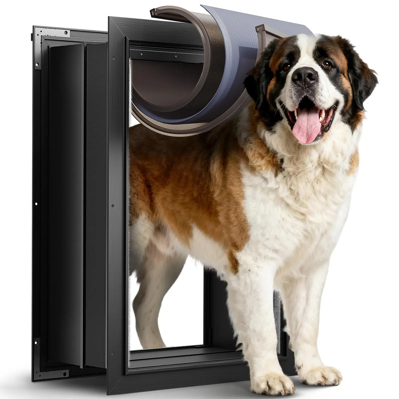 3-Flap XL Dog Door, All Aluminum Alloy Extra Large Dog Door door for Wall, Heavy Duty Pet Door Easy to Install, Energy Efficient, Telescoping Tunnel for Interior & Exterior Wall, Pet Up to 220Lb-Black