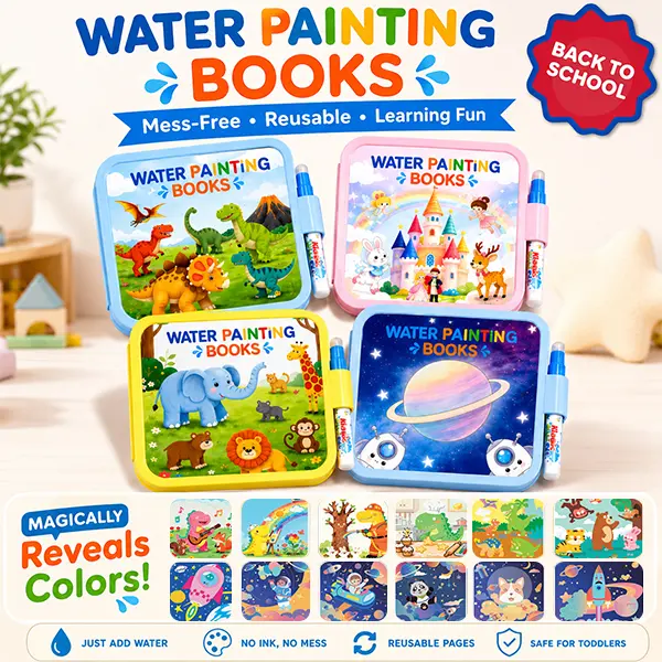 [4-Pack] Magic Water Painting Book, Indestructible Mess-Free Coloring Doodle Pad with Paint Markers, Creative Montessori Sensory Educational Travel Toy for Toddlers, Fun Minds Art Supplies Learning Tools
