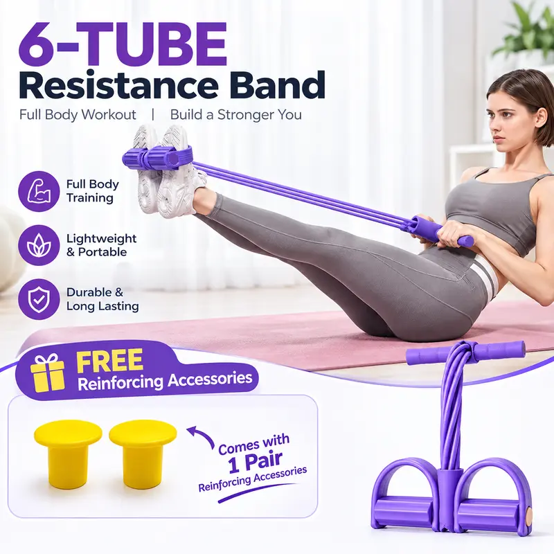 6-Tube Odor-Free Rubber Resistance Band with Anti-Slip Foam Handles, Unisex Yoga Stretching Band for Low-Impact Full-Body Home Gym Muscle Training, Gym Workout Equipment with Bonus Random-Color Jump Rope pilates board