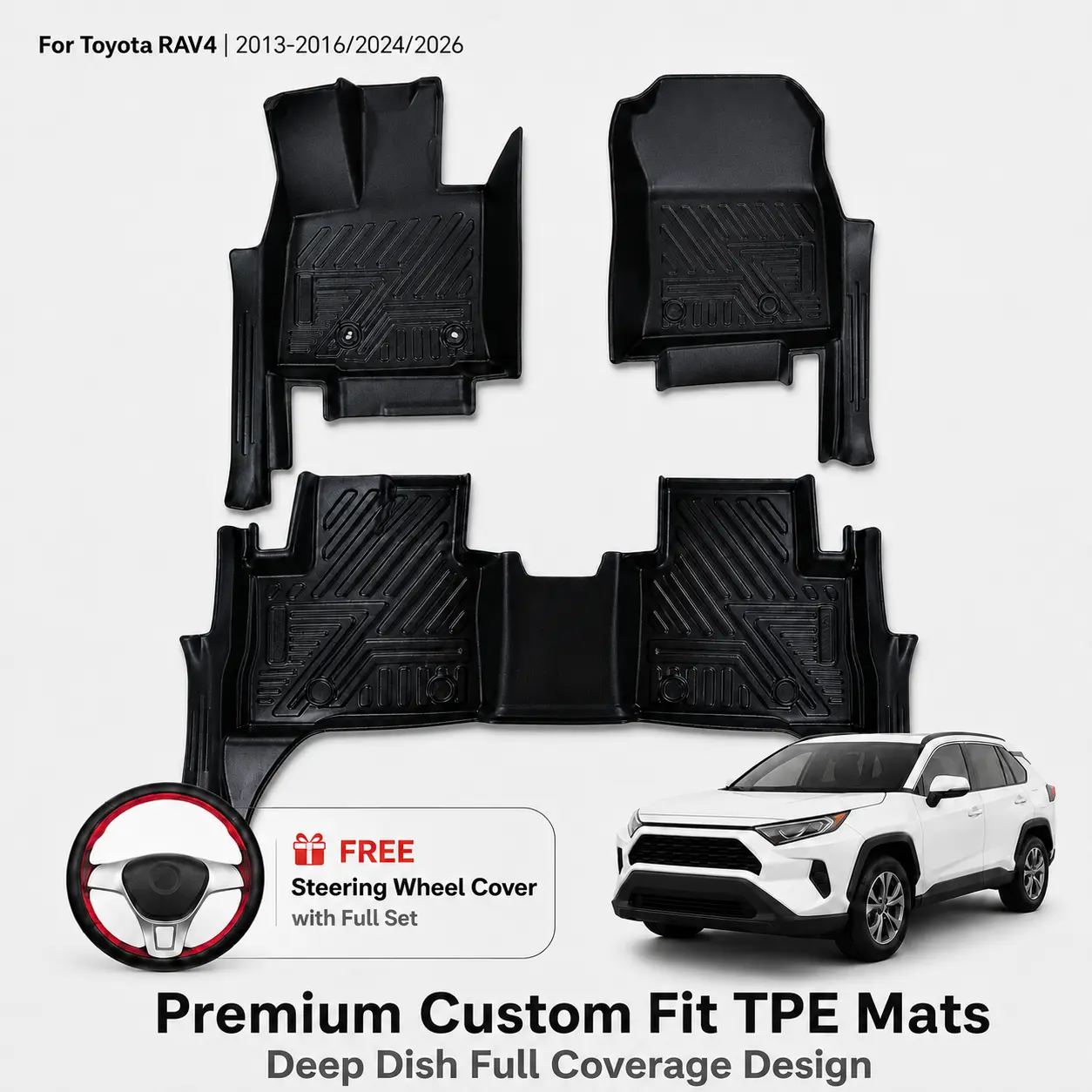 3D Laser Scanned Car Floor Mats 4-Piece Kit, All-Weather Custom-Fit TPE Waterproof Deep-Dish Anti-Slip Liners for Toyota RAV4 2013-2016/2024/2026, Driver, Passenger & 2nd Row Set, Easy Daily Care, Free Steering Wheel Cover Included