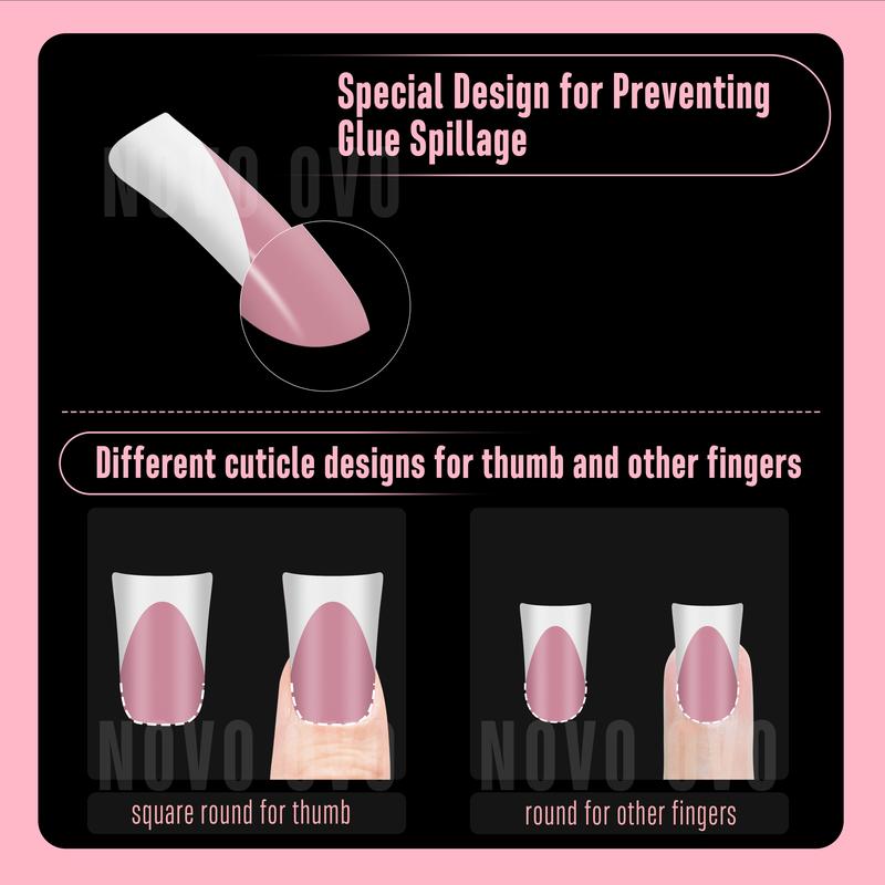 NOVO OVO French Tip Short Duck Nail Tips Press on, Pre-designed Soft Gel Nail Extension, BERRY PINK Pre-applied Tip Primer & Base Coat, Full Cover Matte Vrial False Nails for DIY x 12 Sizes 240 pcs【NO GLUE ,TOP COATAND LAMP INCLUDED】