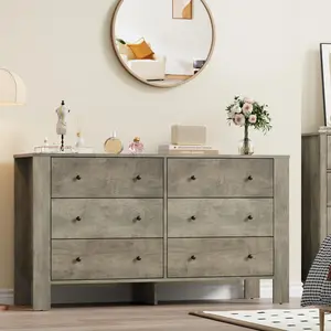 Modern gray 6-Drawer Dresser for Bedroom, Entryway, or Home Office – Stylish Wooden Storage Organizer with Ample Space for Essentials