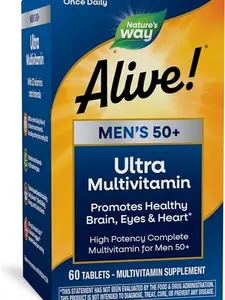 Nature's Way Alive! Men’s 50+ Daily Ultra Multivitamin, High Potency Formula, Supports Healthy Brain, Eyes & Heart*, with Methylated B12, Gluten-Free, 60 Tablets (Packaging May Vary)
