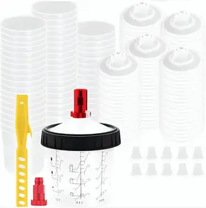 50 Sets Disposable Paint Cup System 20oz (600ml) - Spray Gun Liner Kit with Lids, Mixing Cups, 2 Red Adapters, 10 Plugs & Stirrer - Leak-Proof Automotive Painting Supplies