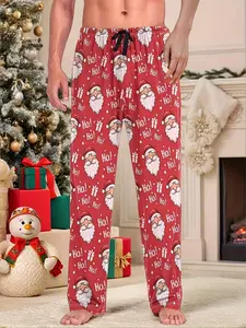 Men's Fall Winter Christmas Print Pajama Sleep Pants, Soft Polyester, Casual Elastic Waist Long Pants, Comfortable Home Wear
