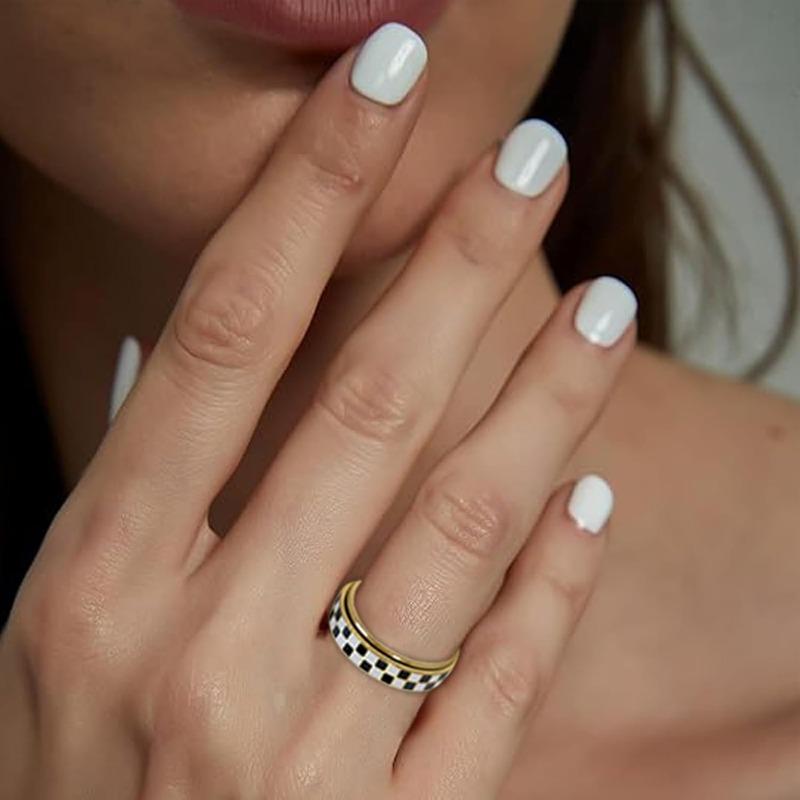 Checkered Spinner Ring for Adults, 18K Gold Plated Stainless Steel Rotating Band Jewelry, Black and White Pattern Unisex Ring