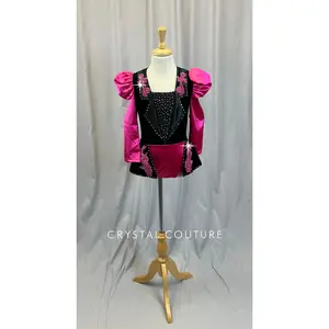 Hot Pink Puff Sleeve and Black Velvet Tuxedo Inspired Leotard with Attached Skirt -Rhinestones, Appliques