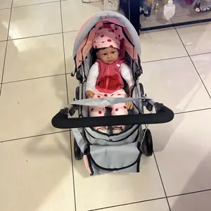 Baby Doll Stroller Pram with Basket,Adjustable Handle,Light Gray/Pink,Dolls Up to 22" Doll, Dolls to Play Baby Doll Convertible Lightweight Pram Stroller for Kids