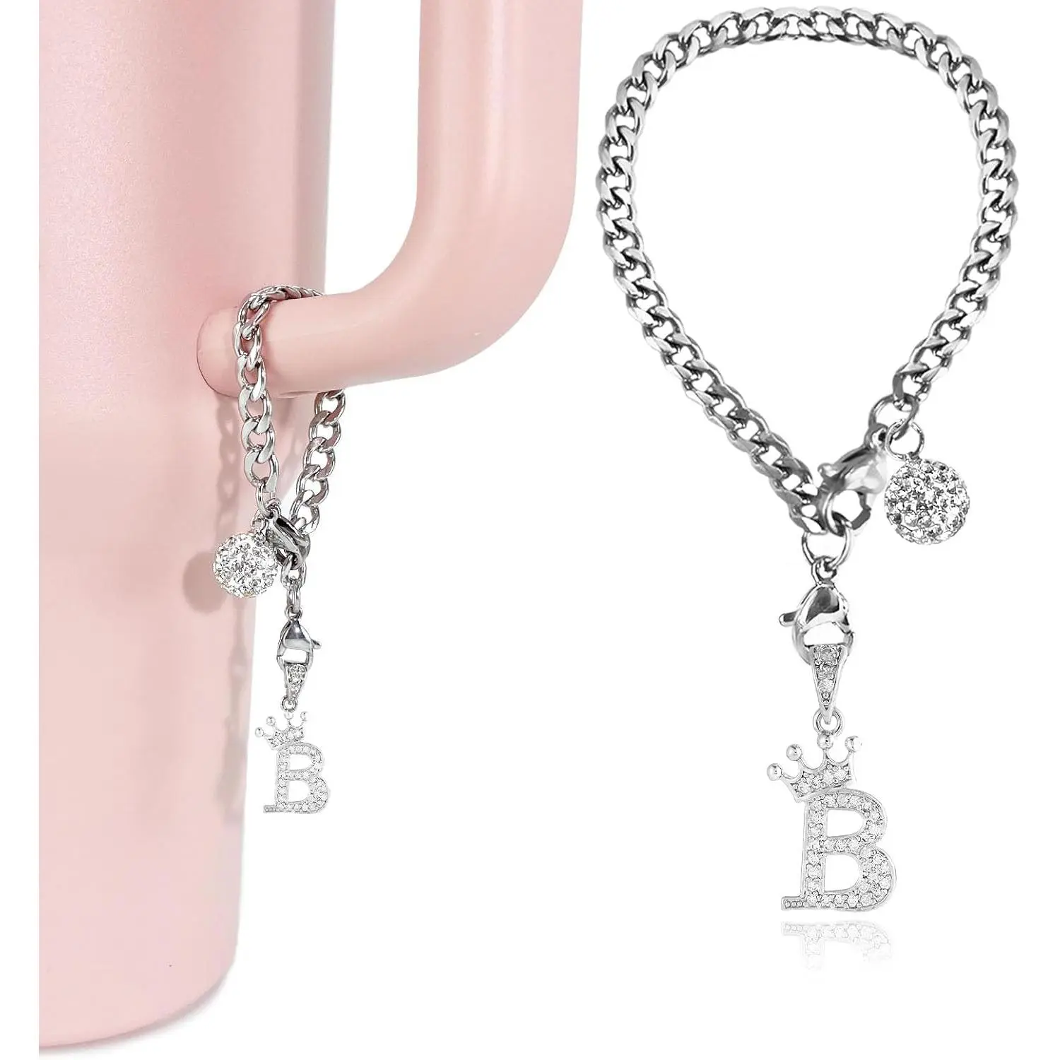Silver Letter Charms for  Cup- Crown Letter Charms Accessories for  Handle 40Oz Tumblers Water Bottle Cup Initial Keychain with Diamond Glitter Jewelry  Decorations B