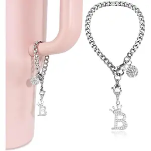 Silver Letter Charms for  Cup- Crown Letter Charms Accessories for  Handle 40Oz Tumblers Water Bottle Cup Initial Keychain with Diamond Glitter Jewelry  Decorations B