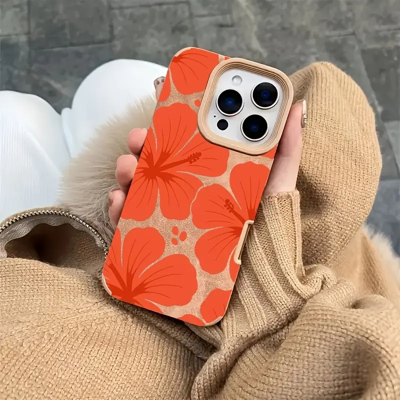 Trendy Orange Hawaiian Flower Faux Leather TPU Smartphone Casing - Protective Handheld Devices Accessory for iPhone 17, 17 Pro Max & Other Series, Ideal Birthday Gift by summerwins