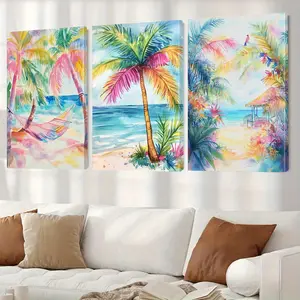 Three-piece framed palm tree wall art - Tropical beach paradise style, with wooden frame and edged canvas, featuring a turquoise ocean and colorful sky pattern - Hawaiian/Ki-wa-ster style decoration, suitable for bedrooms - Ideal housewarming gift (comes