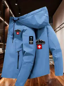 Men's Windproof Waterproof Zipper Jacket, Swiss Alps Design, Classic Bottom Cross Flag Print, Outdoor Hiking Skiing Warm Coat