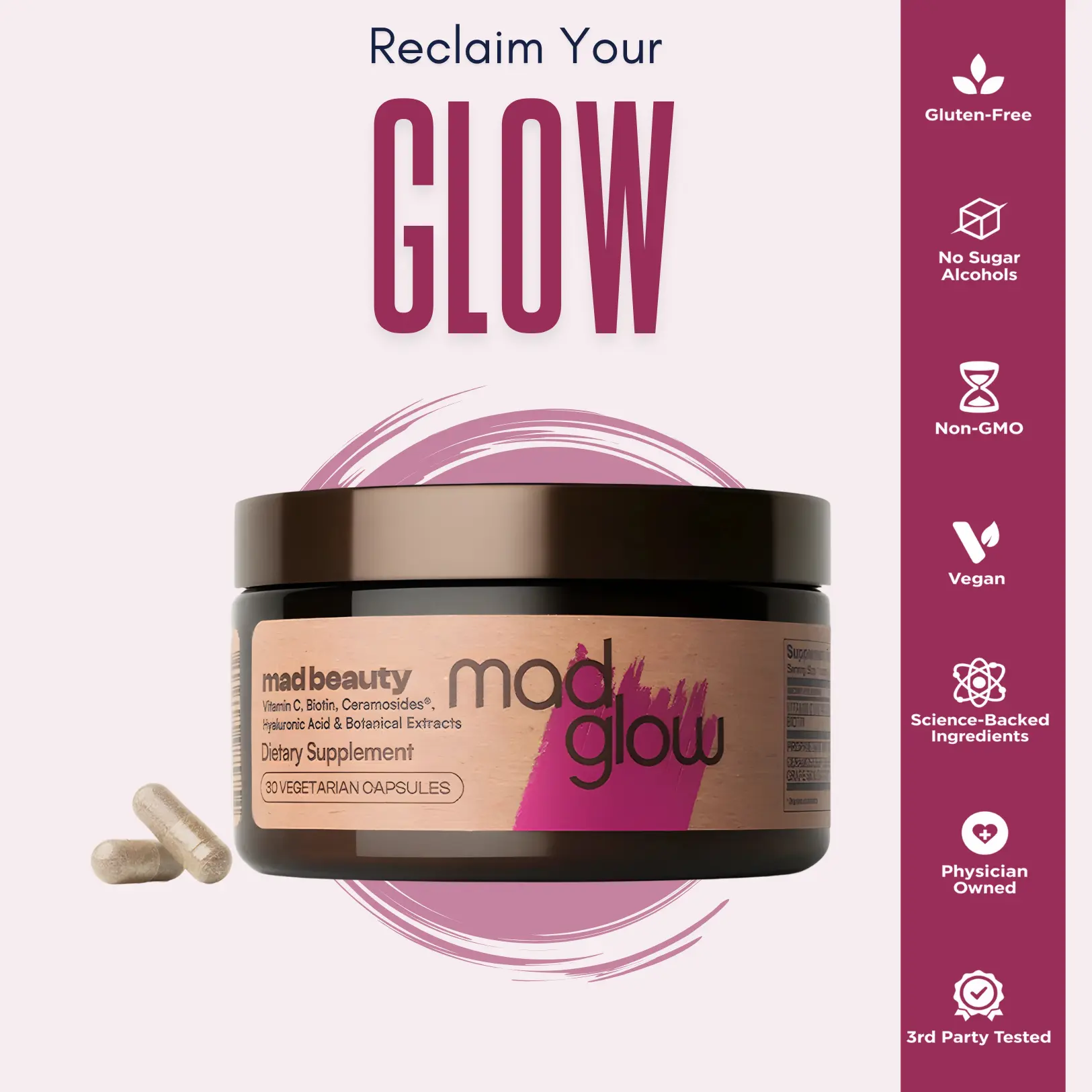 Mad Glow Mad Beauty | Women's Skin, Hair & Nail Supplement | Hormone-Free | Radiant Skin, Stronger Hair & Nails | 30 Capsules