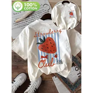 Strawberry Graphic Tee Women Cute Fruit Print T Shirt 100 Percent Cotton Oversized Short Sleeve Crewneck Casual Summer Outfit Streetwear Top
