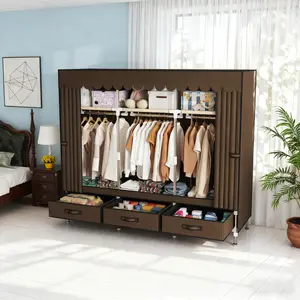 Portable Closet for Hanging Clothes  Wide Large Capacity Portable Wardrobe Closet with Cover, 6 Storage Shelves  3 Hanging Rod and 3 drawers, Sturdy Free Standing Closet for Bedroom, Brown, 59"L x 17.7"W x 64.9"H
