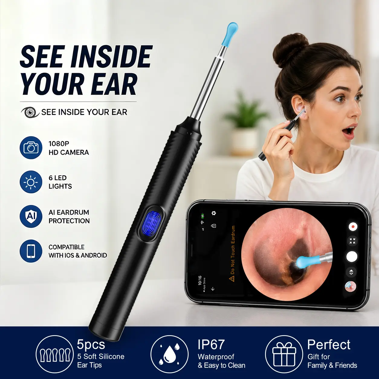 Ear Wax Removal Kit with 1080P HD Camera, AI Eardrum Alert, 6-Axis Gyroscope, WaterproofLens, 230mAh Battery, 8-Piece Ear Cleaning Set, iOS & Android, FSA/HSA Eligible Ear Pick Set Ear Canal Cleaner