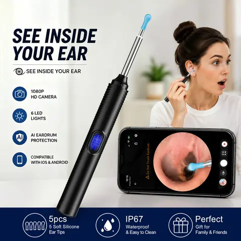Visual Ear Wax Removal Tool with Camera, 1080P HD, AI Eardrum Alert, Waterproof Ear Cleaner, Compatible with iPhone & Android, 8PCS Ear Cleaning Kit for Adults, Kids & Pets